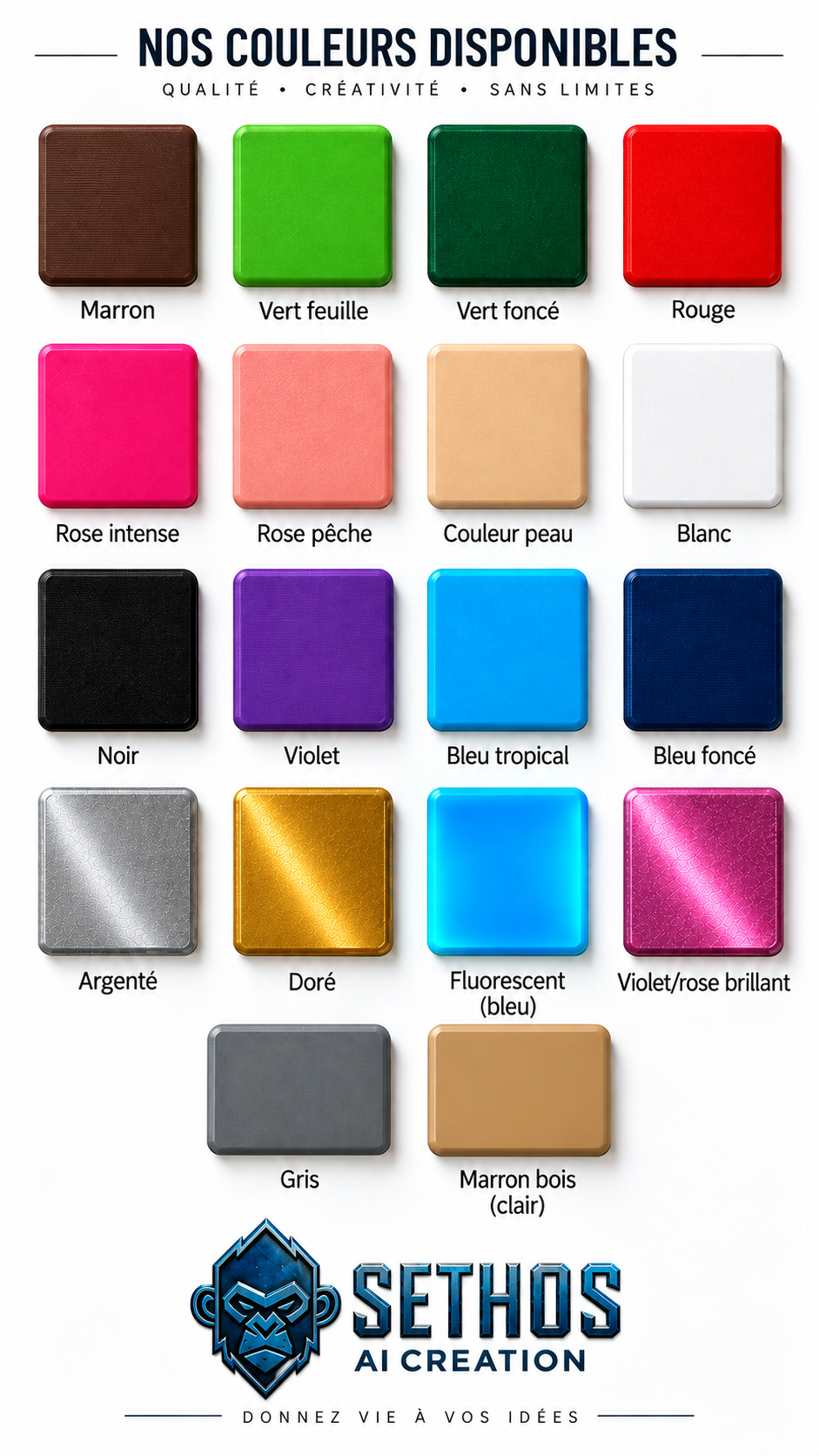 Nuancier indicatif : couleurs de plastique disponibles
