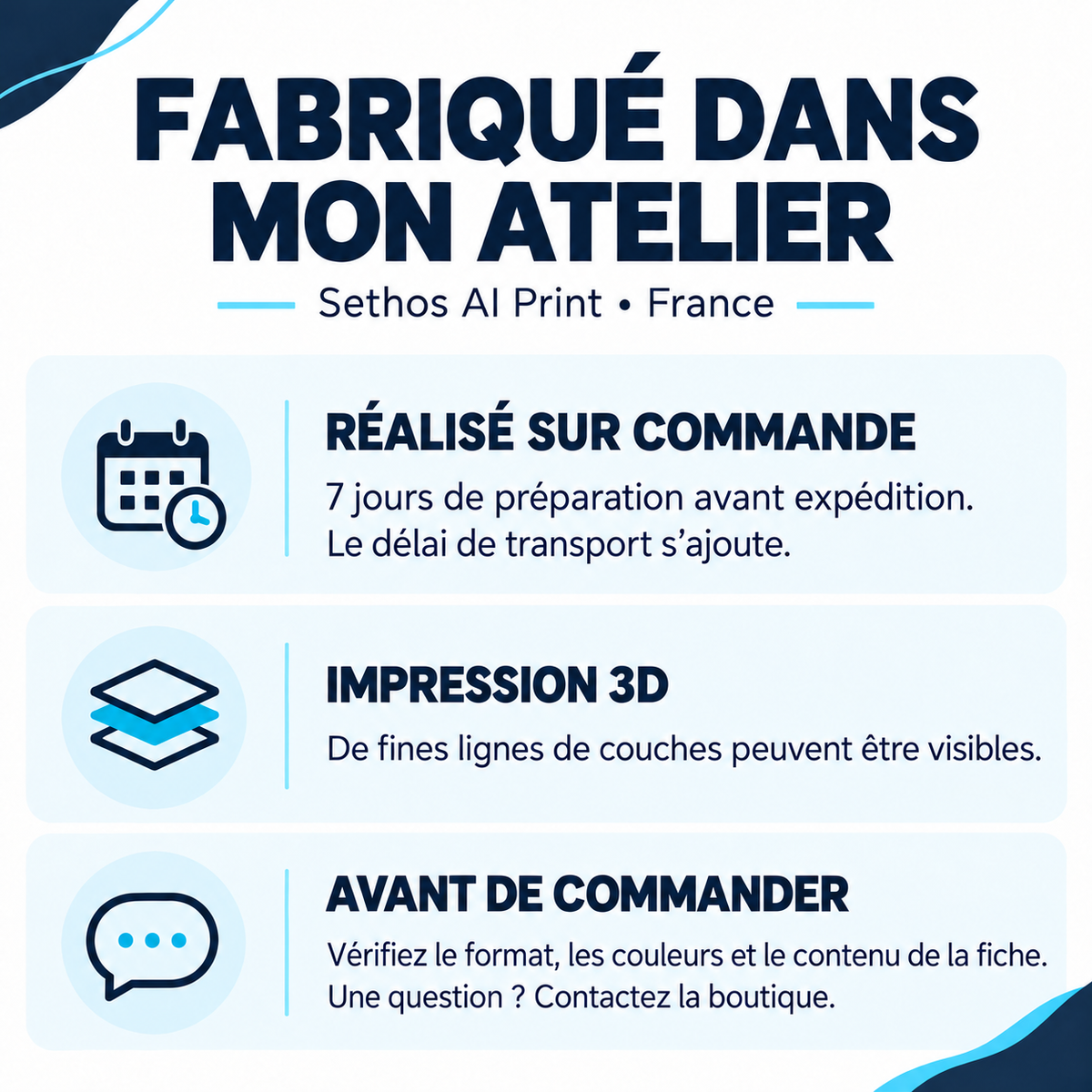 Fabrication sur commande en France, 7 jours de préparation avant expédition, contactez la boutique